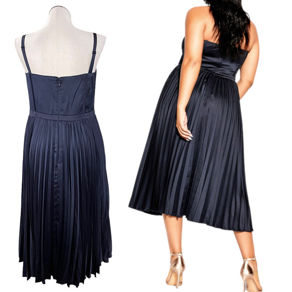 City Chic Plus Size 16W Ahana Corset Dress Navy Blue Satin Midi Cocktail Holiday - Picture 2 of 13